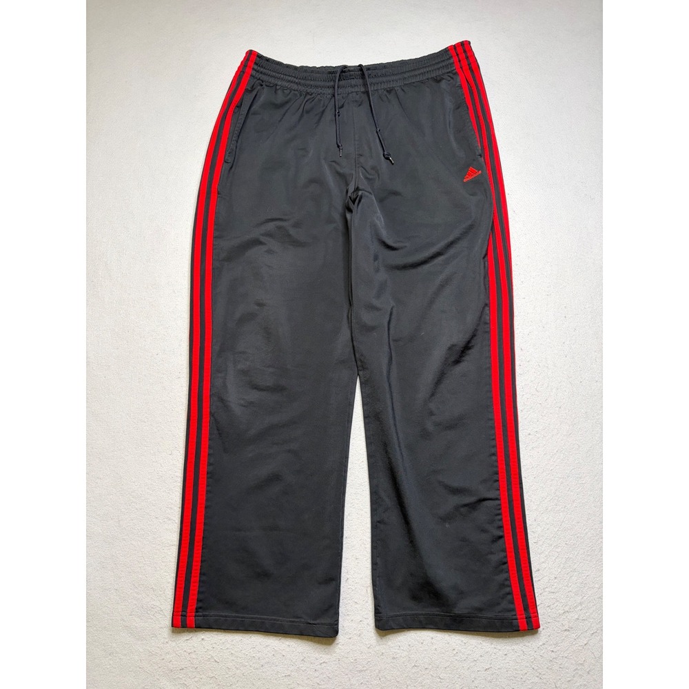 Adidas Track Pants Mens L Black Red 3-Stripe Y2K Baggy Athletic Sweatpants